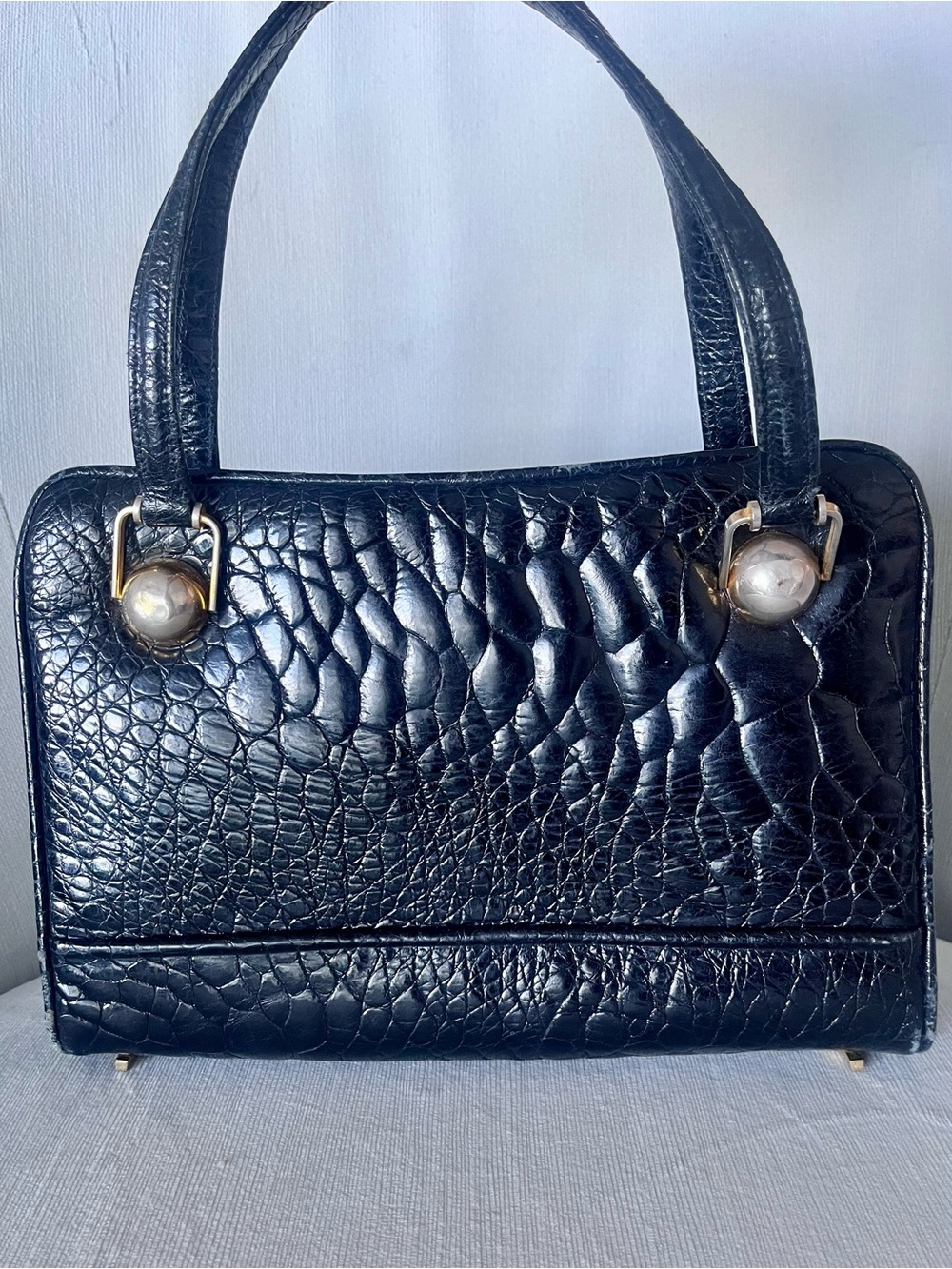 Vintage Genuine Black Alligator Leather Top Handle Handbag | Structured Frame - Picture 5 of 9